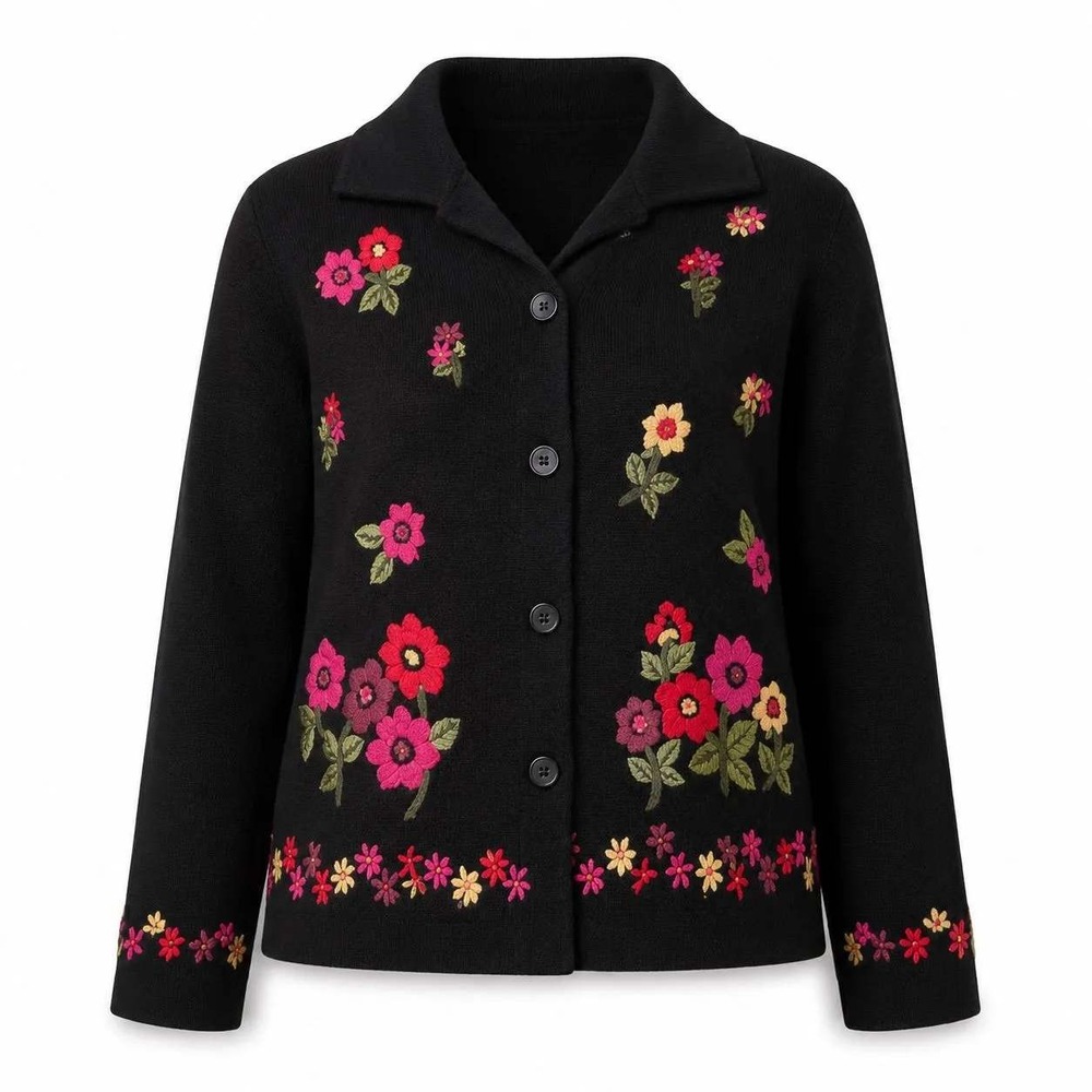 JM Collection Cardigan Vintage Women 1X Black Wool Dark Floral Embroidered Fall
